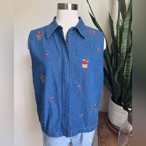 Vintage Denim Cherry‎ Embroidered Vest – Fruit Motif Y2K Grandma Core Style